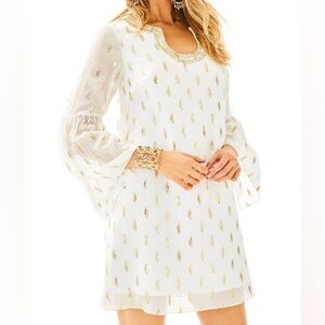 NWT Lilly Pulitzer Amore Silk Dress Resort White Diamond Metallic Clip Gold